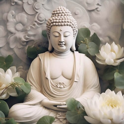 Bouddha et fleurs blanches