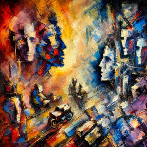 Visages abstraits et moto