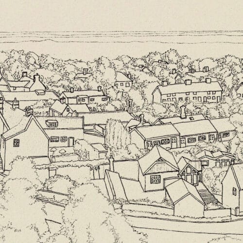 Village esquissé au crayon