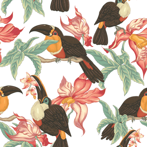Toucans et Fleurs Tropicales